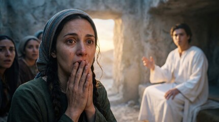 Naklejka premium Woman Mary Magdalene crying with shock finding empty tomb of Jesus Christ. Biblical scene of resurrection morning. Followers encountering angelic news inside cave. Religious faith concept.
