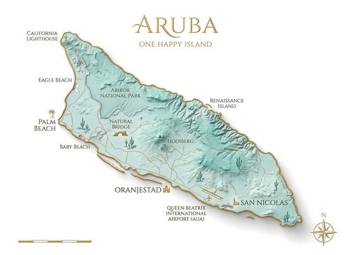 3D Topographic Relief Map of Aruba Island Caribbean with Gold Accents