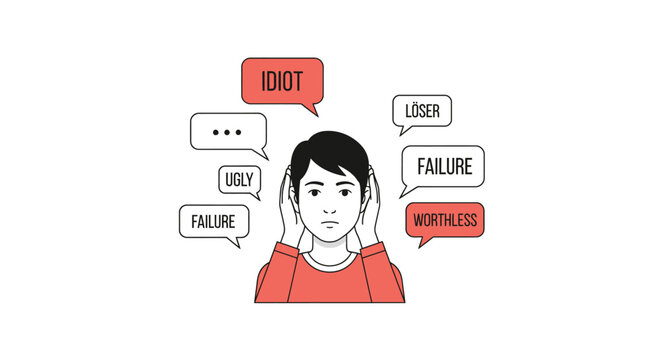Person covering ears, bombarded by negative words like 'idiot', 'loser', 'failure', illustrating bullying, low self-esteem, mental health, and social pressure.