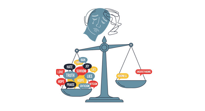 Symbolic illustration of the struggle between abundant positive communication, truth, and the heavy, distressing impact of misinformation and propaganda.