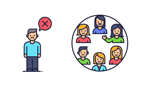 Illustration depicting a sad person feeling left out and excluded from a happy social group, symbolizing loneliness, rejection, and introversion.