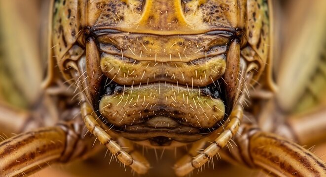 Extreme Macro Close-up of a Grasshoppers Face and Mandibles.