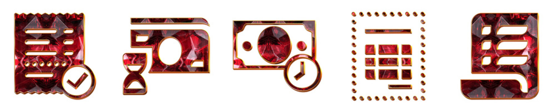 Isolated 3D metallic paid bill, payment history, payment processed, proforma invoice, and purchase order icons with crimson red gradient. Payment and financial transactions.