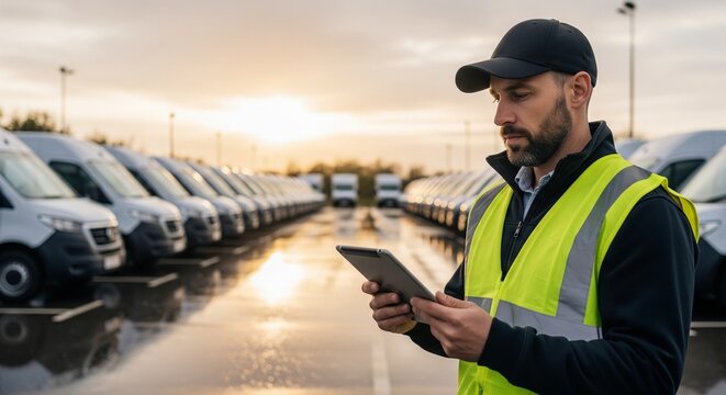 Logistics worker in high-visibility vest holding tablet, checking inventory of delivery vans