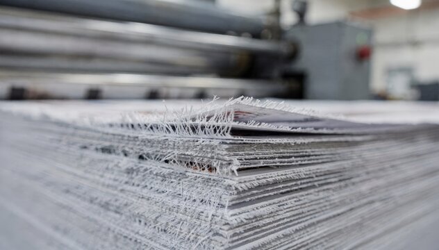 Crisp image of newsprint sheets being cut postprint emphasizing the paper fibers while the printing press parts fade out of focus behind.