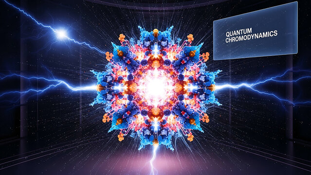 Quantum chromodynamics concept with colorful particles and lightning bolts on dark background with text