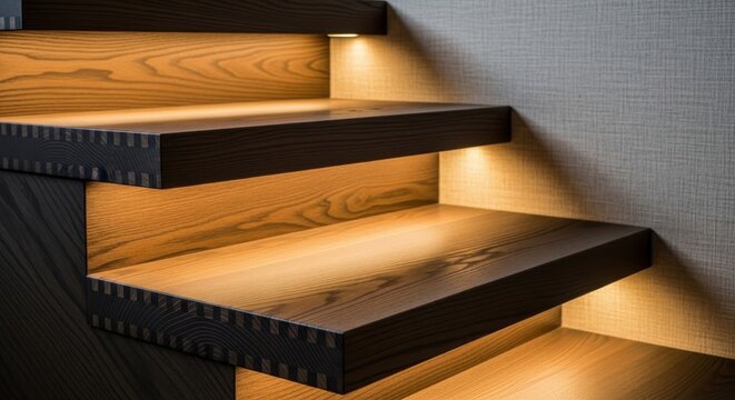 Dark Stained Oak Floating Steps With Integrated Warm Lighting in a Modern Home Interior