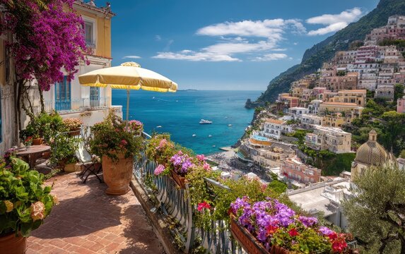 Picturesque coastal Italian town with vibrant blooms and turquoise sea