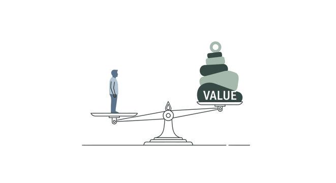 Man standing on a scale with a heavy stack of weights labeled VALUE on the other side, illustrating financial disparity or economic inequality.