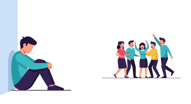 Sad, isolated young man sitting alone in corner, contrasted with happy, celebrating group of friends, feeling of loneliness