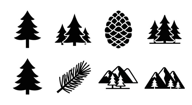 Black silhouettes of pine trees and mountains.