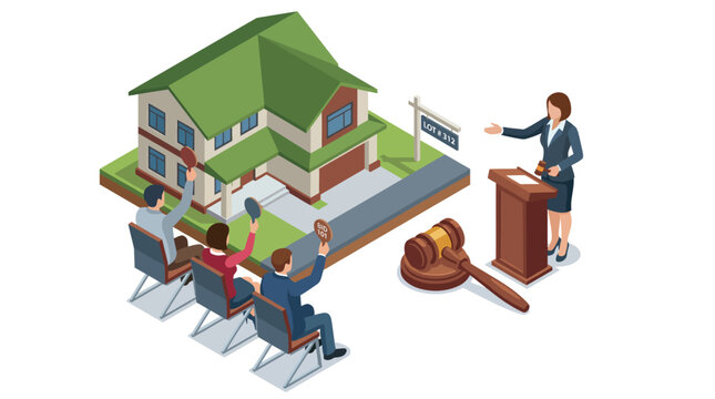 The image captures a lively real estate auction scene with bidders raising paddles, illustrating the excitement and competition in the property market.
