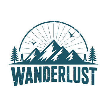wanderlust logo with mountains trees and sunburst design