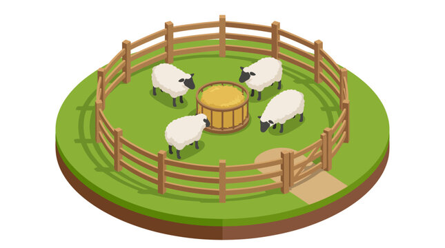 A serene farm scene showcasing four sheep gathered around a wooden barrel filled with hay, surrounded by a wooden fence in a vibrant green grassland setting.