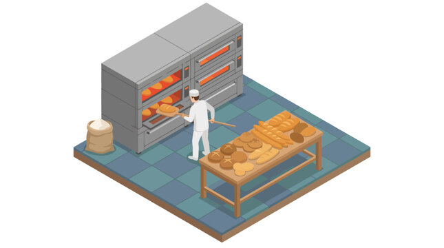 This image illustrates a skilled baker pulling freshly baked bread from ovens, emphasizing traditional baking methods and the warm, inviting atmosphere of a bustling bakery.