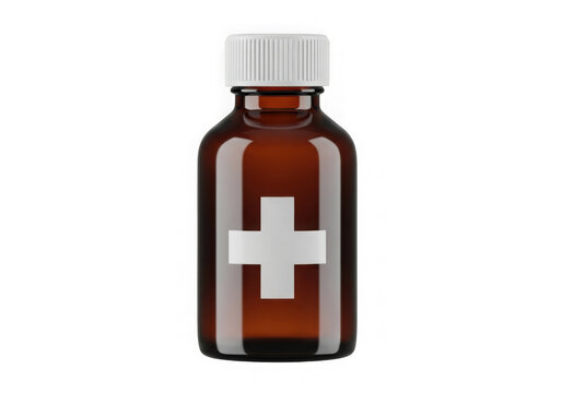 Small brown bottle with white cross symbol and cap isolated on transparent background