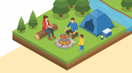 Fototapeta premium A family enjoys a camping trip by a river, cooking over an open fire, surrounded by nature, trees, a tent, and a child preparing food, showcasing outdoor adventure and bonding.