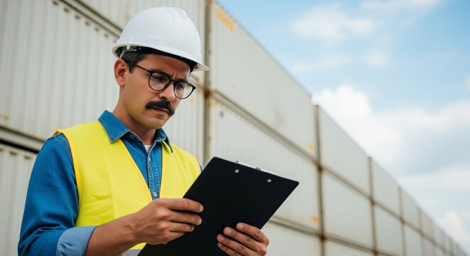 Male Port Worker in Hard Hat and Vest Inspecting Shipping Containers with Clipboard at Outdoor