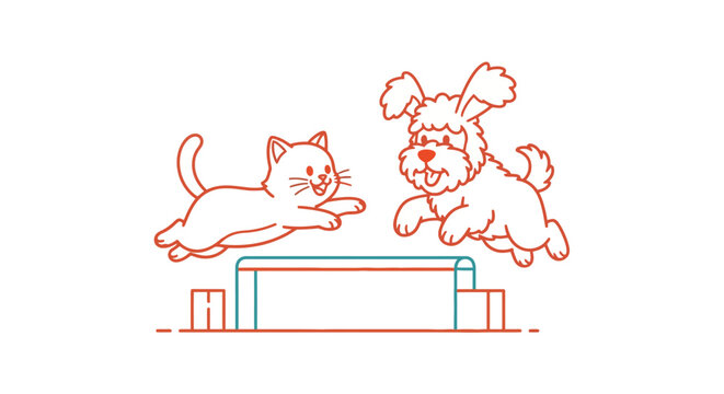 Cat and dog jumping together outdoors.