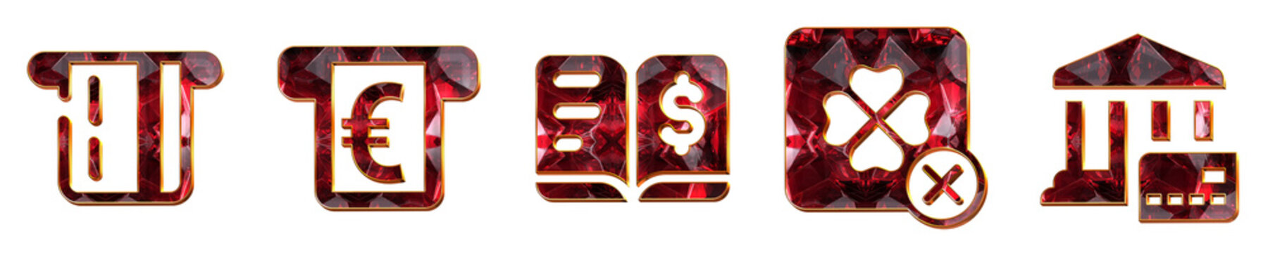 3D crystal icon set - insert card, insert money euro, ledger, lost opportunity, and merchant account. Finance banking investment and money management. 3D illustration on.