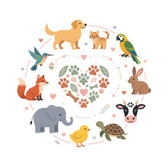 Fototapeta premium An assortment of cute animals forming a circle and decorated with heart shapes and plant leaves, creating a sense of companionship and natural beauty.