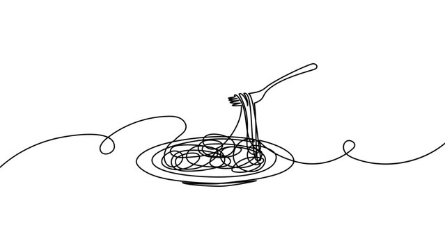 Continuous one line food spaghetti pasta drawing noodle ramen bowl. Spaghetti pasta illustration cuisine plate macaroni outline sketch dish table linch cooked graphic italian fork background abstract