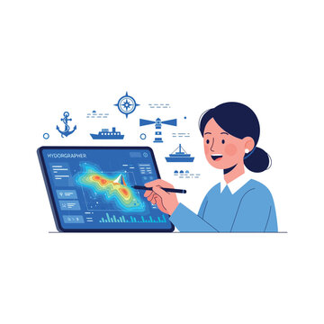 Cartographer analyzes hydrography data on digital tablet with stylus in office.