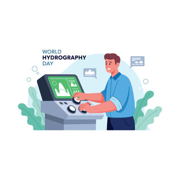 Man operates hydrography equipment on World Hydrography Day with digital display and controls