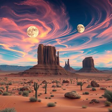 Surreal desert landscape with towering rock formations and a sky filled with swirling, iridescent clouds and twin moons,  rock,  clouds