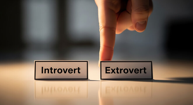 Finger pointing towards extrovert sign next to introvert sign on reflective surface