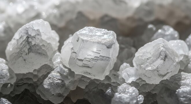 Close up macro shot of large salt crystals glistening in the light.