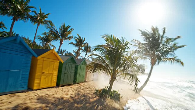 Vibrant row of multicolored beach huts under sunny skies on a sandy beach