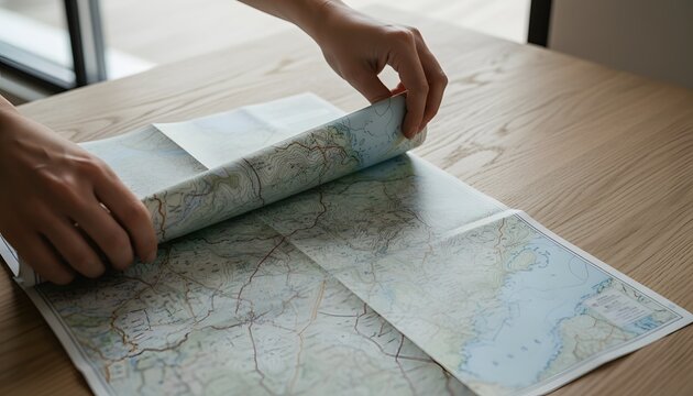 Person's hands folding paper map on a wooden table for an adventure journey and travel planning concept, showing topography and navigation details