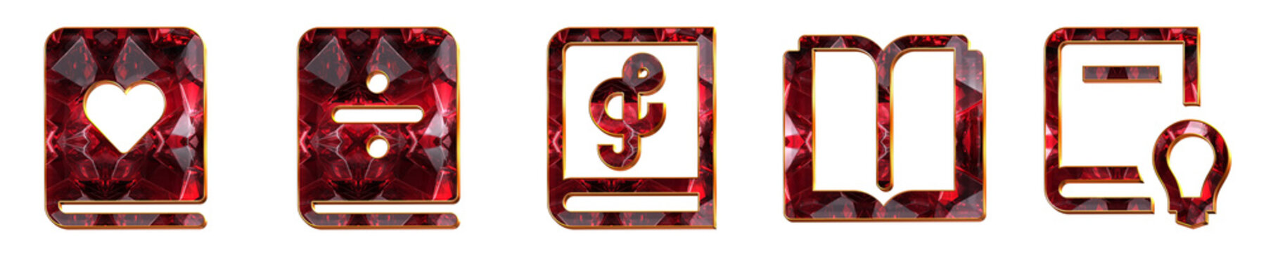 3D metallic icon set - love book, math book, music book, open book, and philosophy book. Book icon collection and design. 3D illustration on transparent background.