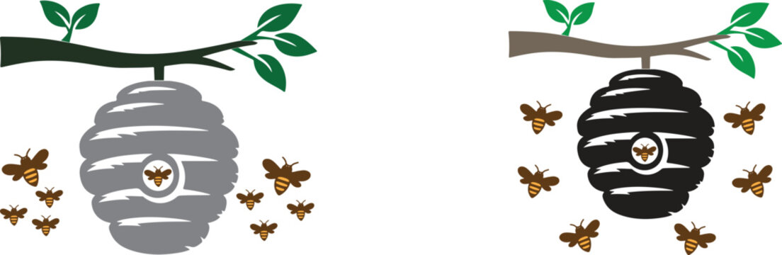 Beehive on branch engraving, vintage honeycomb hive nature illustration vector.