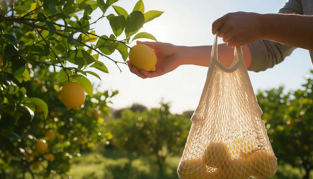 Eco-friendly fruit picking in a reusable cotton bag