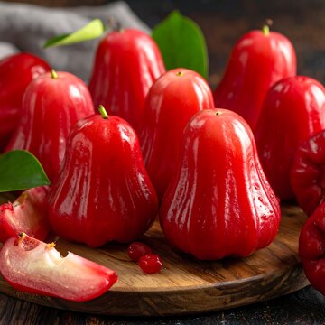 Shiny Red Wax Apples On Wooden Board.
