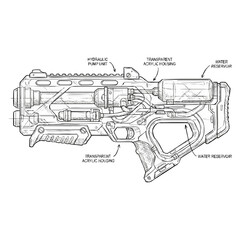Detailed technical sketch of a futuristic water-powered gun with labeled components for design and engineering concepts. © MUHAMMAD