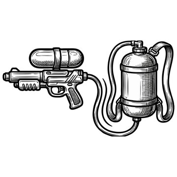Detailed sketch of a vintage ray gun weapon with a connected backpack style power supply in black and white style