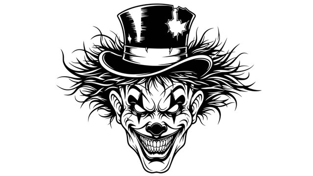 Scary Clown Face with Top Hat, Evil Grin, Horror, Halloween, Black and White