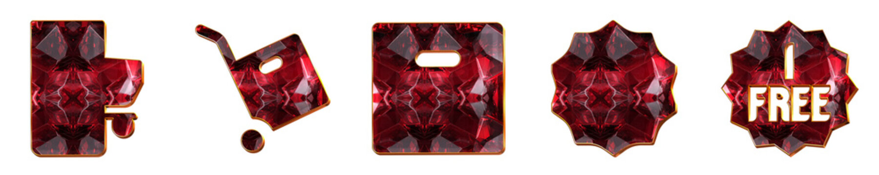 3D isometric icon set - mobile order, move by trolley, new product, new, and one free. E commerce icon collection and design. 3D illustration on transparent background.