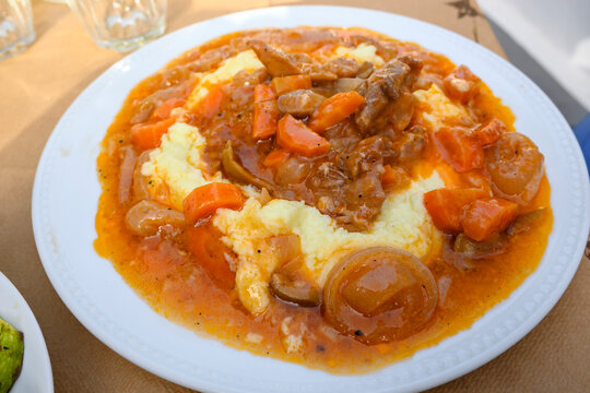 Stifado, a traditional Greek beef stew served at a restaurant on the island of Amorgos, Greece