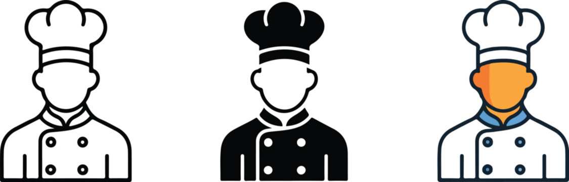 Professional male chef avatar icons set in outline silhouette and flat color styles for restaurant culinary and bakery branding.