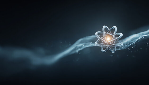 Atomic structure glowing nucleus energy wave abstract science futuristic blue background digital particle technology innovation