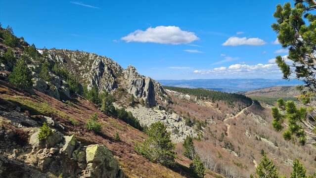 Les magnifiques paysages granitiques du mont Loz&egrave;re pr&egrave;s du Rocher de l'Aigle vus un bel apr&egrave;s-midi de printemps (parc national des C&eacute;vennes)