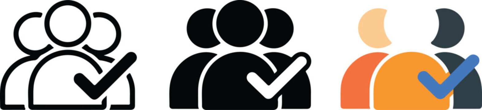 Professional teamwork and user verification vector icons set in outline silhouette and flat color styles for corporate business management and web profiles.