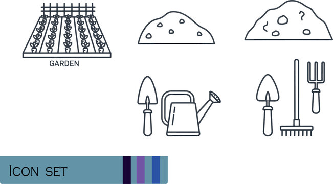 Print Home Gardening and Agriculture Farming Tools Line Icon Set