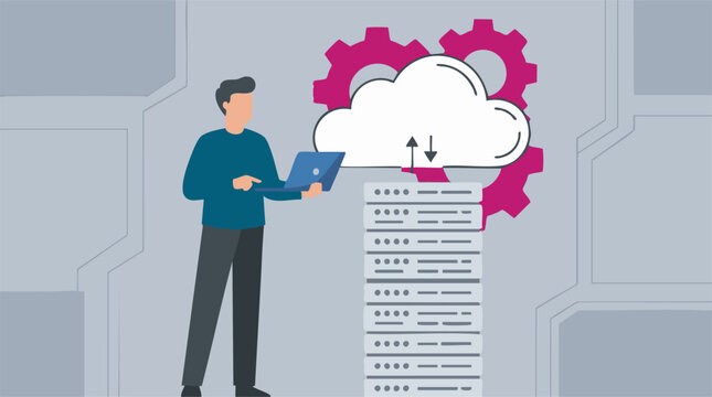 Cloud computing concept with person, laptop, servers, and data transfer