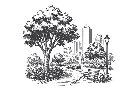 Scenic Park Pathway with Benches and Trees in Vintage Hand Drawn Line Art Vector Illustration Perfect for Summer Vacation and Nature Walk Concepts