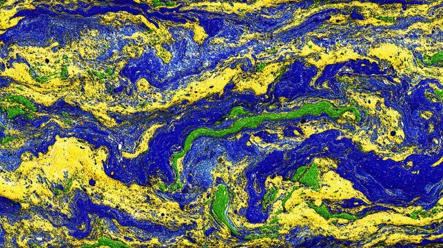 Vivid abstract marbled pattern of yellow, blue, and green swirls across the canvas